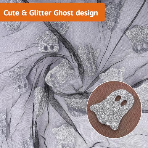 Halloween Mesh Ghost Table Runner Set - Black Sheer Gauze with Silver Glitter 2 Pack