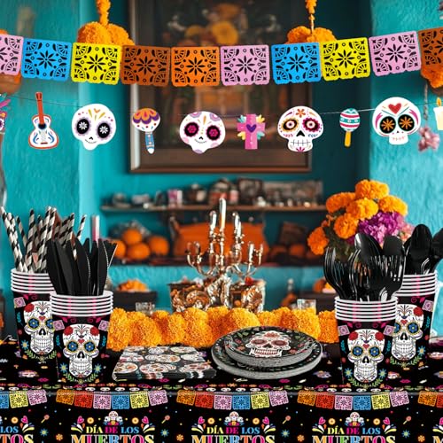 Black Dia de los Muertos Party Supplies Set - Skull Decorations for Mexican Fiesta, Halloween & Birthday
