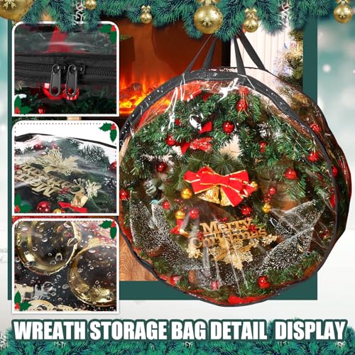 Wreath Storage Bags 30 Inch Durable Plastic with Dual Zippers & Handles - Clear & Black, Set of 14