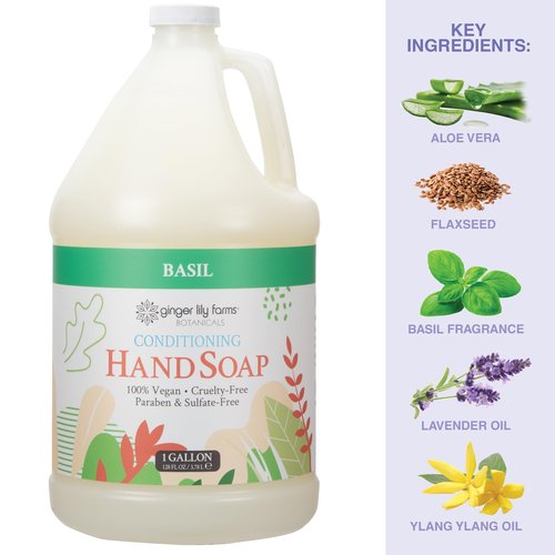 Ginger Lily Farms Botanicals Conditioning Liquid Hand Soap Refill, 100% Vegan & Cruelty-Free, Basil Scent, 1 Gallon (Pack of 4)