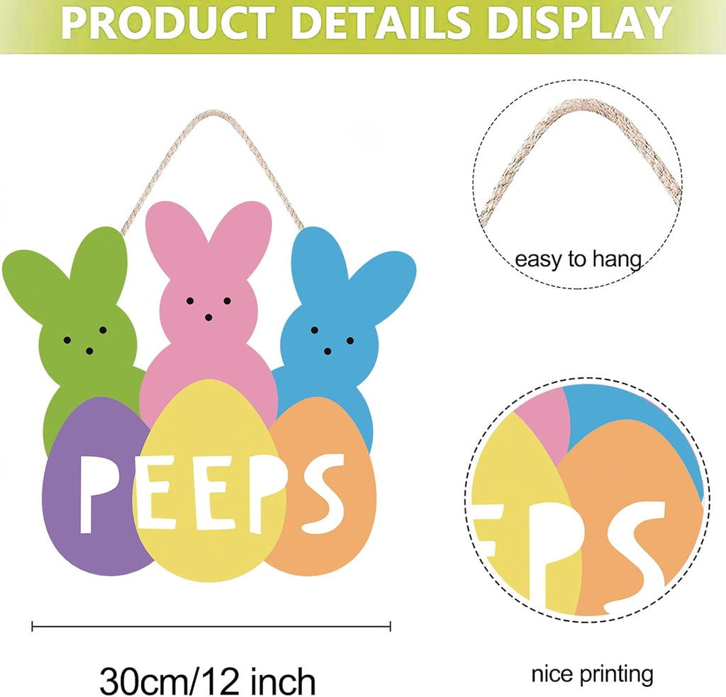 Welcome Peeps Easter Wreath - Cute Bunny Wood Hanging Sign for Farmhouse Door Decor