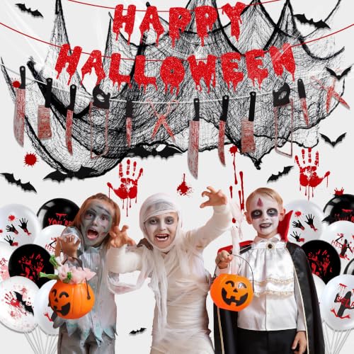 Halloween Party Decorations Banner Set with Web, Balloons & Spooky Accents