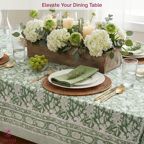 Cotton Blockprint Rectangle Tablecloth - Meraki Green 108x60 Inches - Handmade, Fair Trade