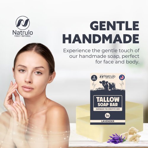 Beef Tallow Soap Bar – All Natural Grass Fed Tallow Soap Lavender – Moisturizing Face & Body Wash Great for Eczema, Dry, Itchy, Sensitive Skin – Handcrafted Bath Soap for Adults, Kids, Made in USA
