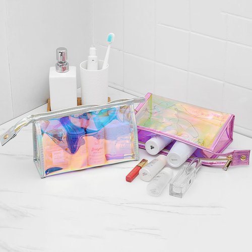 BETAM AJOJO 3 Pcs Holographic Makeup Bags, Iridescent Cosmetic Bag with 3 Colors Waterproof Cosmetic Zipper Bag Clear Portable Toiletries Travel Bag for Makeup Organizer, Brushes, Women Gifts