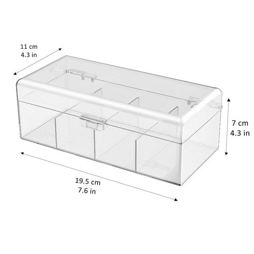 JessLab Hair Accessories Organizer for Girls, Acrylic Hair Bow Tie Clip Scrunchie Holder with Dividers, Clear Stackable Storage Box for Bathroom, Bedroom, Vanity Countertop, 4 Compartment