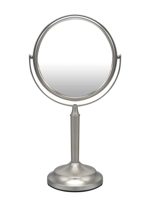 Indecor Home Stainless Steel Tabletop Makeup Vanity Mirror 1X and 3X Magnification Round Swivel Mirror for Desk, Bedroom, Bathroom Brushed Nickel