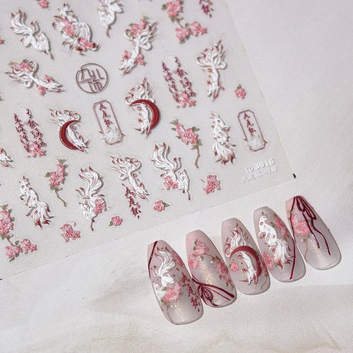 2Sheets Nail Art Sticker Ink Painting Foxs Nail Decals Black White Archaic Style Nine-Tailed Fox Art Manicure for Women Girls (Fox)