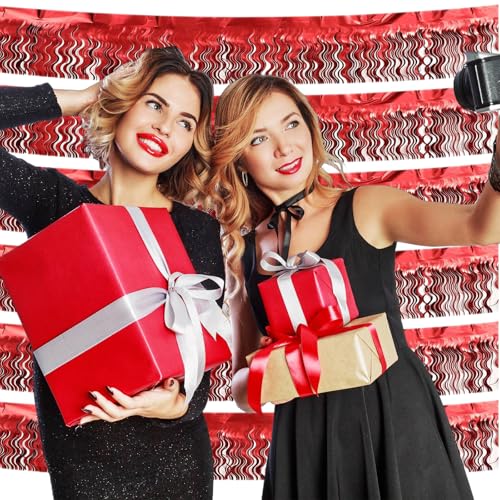 Red Metallic Foil Fringe Banner for Party Backdrops - Wavy Tinsel Garland for Weddings & Celebrations