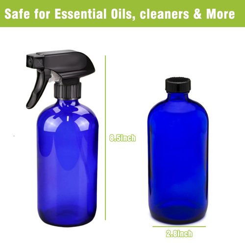 HAOERMEI 16oz Glass Spray Bottles,2-Pack Refillable Empty Spray Bottl for Cleaning, Hair Care, Plants - Adjustable Nozzl - Blue