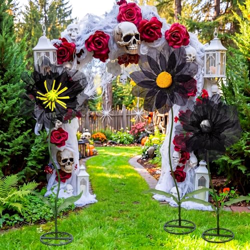 Halloween Black Giant Artificial Flowers Set of 3 - Mesh Floral Decorations
