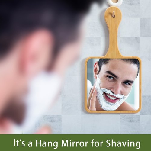 Jasefa Hand Mirror,Natural Bamboo Hand Held Mirror with Handle,Small Cute Handheld Mirror for Shaving Single-Sided Portable Travel Vanity Mirror for Men & Women,5.3" W x 9.8" L