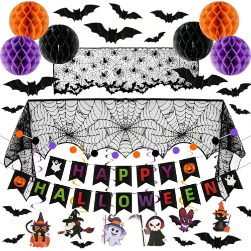 Halloween Indoor Decoration Set with Lanterns, Banners, Spiderweb Table Runner & Bat Stickers