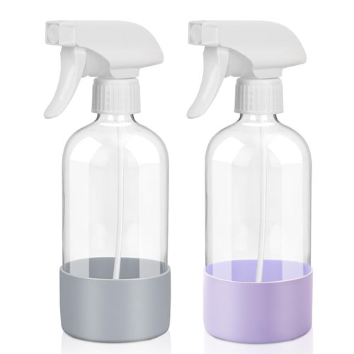 UUJOLY Plastic Spray Bottle Trigger Empty Spray Bottles Clear Refillable Container for Water, Essential Oils, Hair, Cleaning Products, Adjustable Head Sprayer and Stream, Purle + Dark Grey