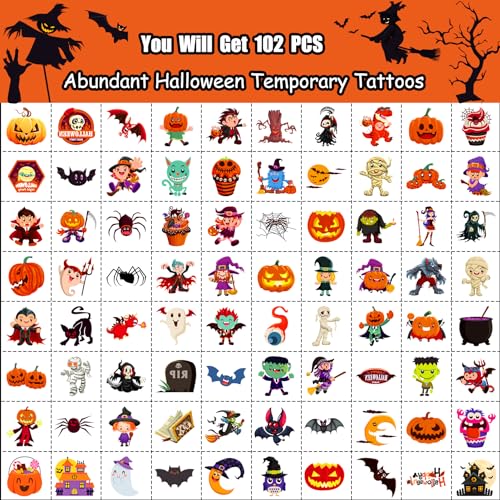 Halloween Temporary Tattoos for Kids - 102 Fun Sticker Sheets, Waterproof & Easy to Remove