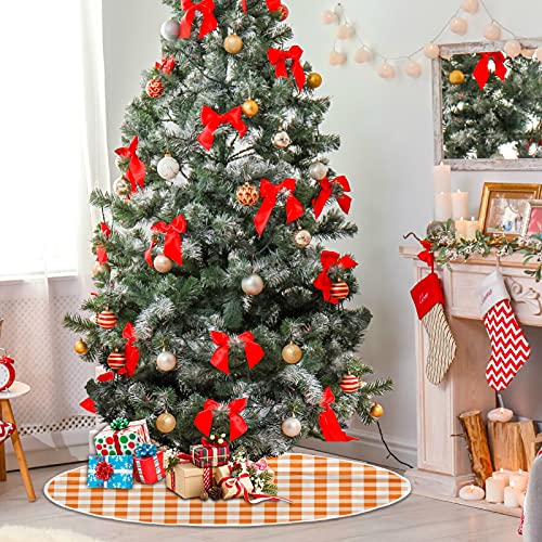 Orange Plaid Christmas Tree Skirt 48 Inch Fall Holiday Decor Round Floor Pad