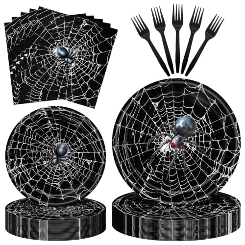 Halloween Spider Web Party Tableware Set - Disposable Plates, Napkins & Forks, 100 Pieces, Spooky Design