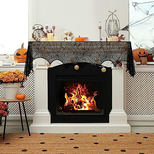 Halloween Fireplace Decor Lace Spider Web Mantel Scarf - Black Fireplace Towel