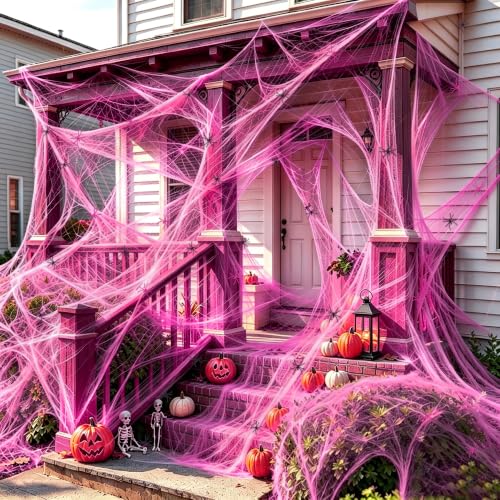 Pink Halloween Spider Web Decorations Kit with 50 Fake Spiders - 1000 Sq Ft Large Cobwebs