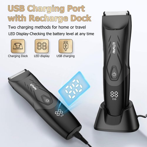 ENSSU Manscape Body Hair Trimmer for Men, Pubic Groin Hair Trimmer for Men with Safe Blade, Cordless Ball Shaver w/Light, Charging Dock, Waterproof Body Groomer, LED Display, 1H Charge,Black