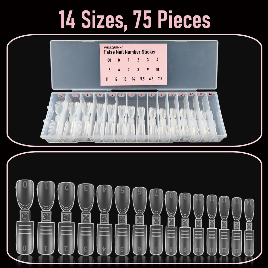 Wellquinn Dual-ended Short Nail Mold Kit, Square & Almond Shape, Embeddable Ultra-Thin Seamless Measured Nail Forms with Gel Scoop, 15 Sizes 75Pcs