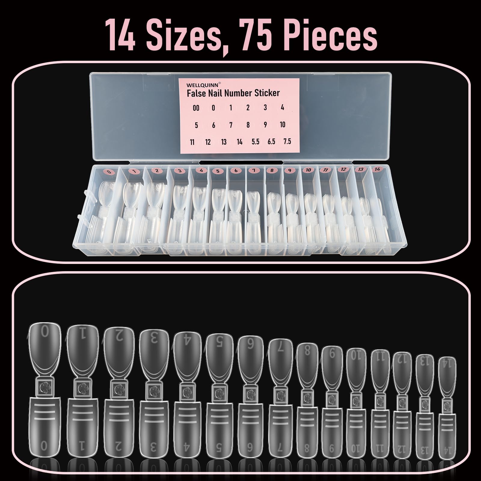 Wellquinn Dual-ended Short Nail Mold Kit, Square & Almond Shape, Embeddable Ultra-Thin Seamless Measured Nail Forms with Gel Scoop, 15 Sizes 75Pcs