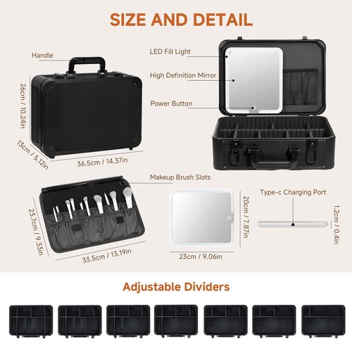 LivelyCove 15"x11" Makeup Case with Lighted Mirror & Brush Holder - Waterproof Travel Organizer, Customizable Storage, Rechargeable LED Vanity for Women (black)