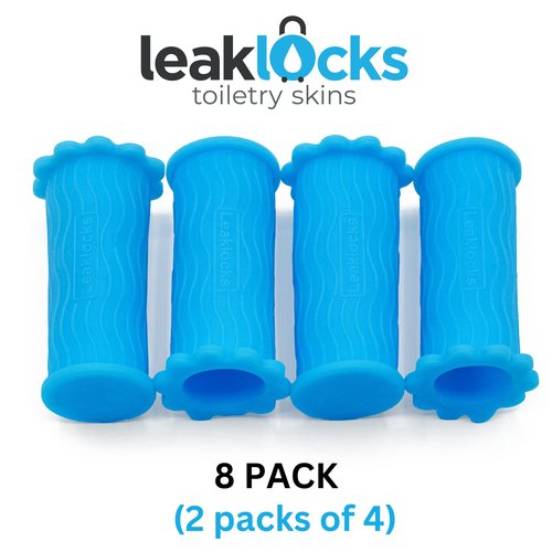 LeakLocks® Toiletry Skins™ Elastic Sleeve for Leak Proofing Travel Container in Luggage. For Standard and Travel Sized Toiletries. Reusable Accessory for Travel Bag Suitcase and Carry-on Luggage