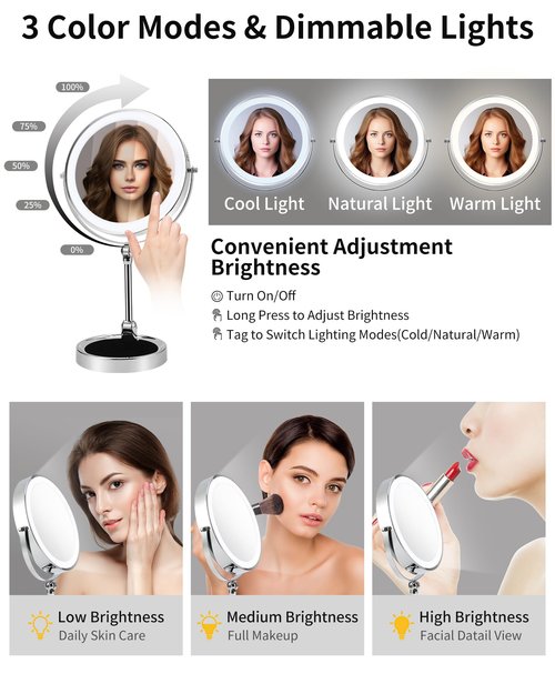 MILONT 9" Lighted Makeup Mirror,1X/10X Magnifying Vanity Mirror with Height & Brightness Adjustable,Rechargable Makeup Mirror,360°Rotation Double Sided Standing Desk Mirror (Polish Chrome)