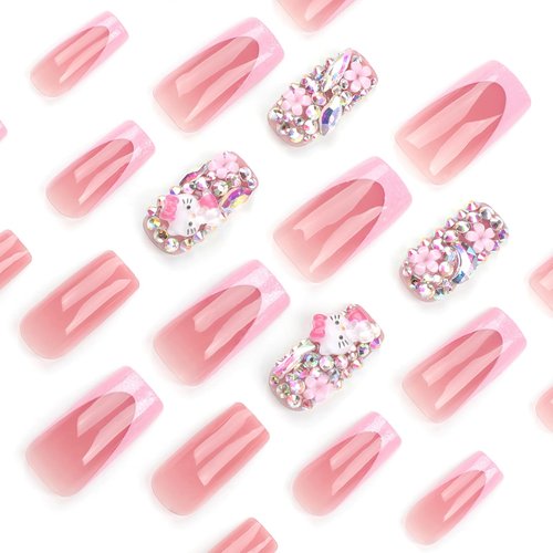 PDFADSK Pink Glitter French Tip Press on Nails Medium Square Fake Nails Glossy Rhinestones Full Cover Coffin False Nail with Rhinestones Charms Design Acrylic Nail for Women 24Pcs