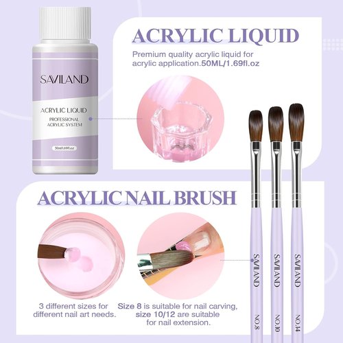 SAVILAND Acrylic Nail Kit - Professional Beginner Set with Clear, White & Pink Powder, 100 Nail Forms