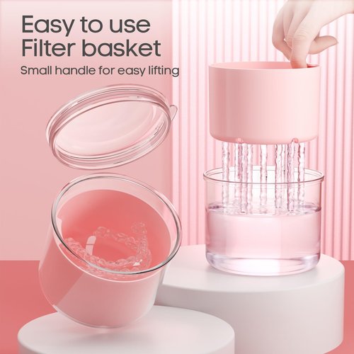Denture Bath Cup with Cleaning Brush, Large Soaking Container with Strainer Basket for False Teeth & Night Guard, Oral Care Storage Holder for Home Use, Pink