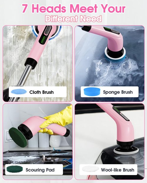 Highyes Electric Spin Scrubber for Cleaning Bathroom: Cordless Power Shower Scrubber - Electric Cleaning Brush for Tile Tub - Pink