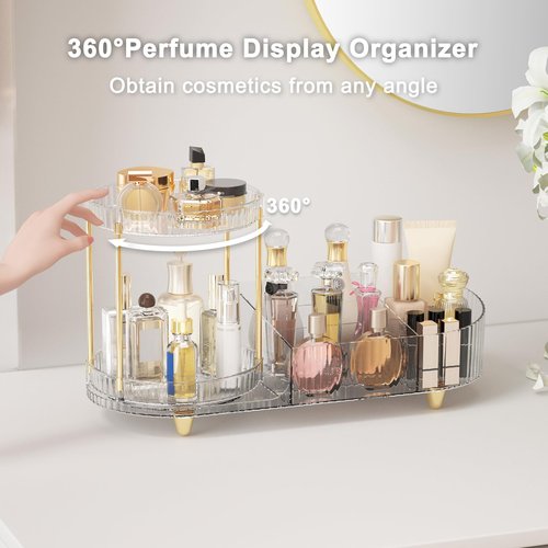 Lulltou Makeup Organizer Countertop for Vanity, Rotating Skincare Organizers and Storage, 2-in-1 Cosmetic Organizer Display Case with Makeup Holder Perfume Tray for Desk Counter Bathroom Dresser