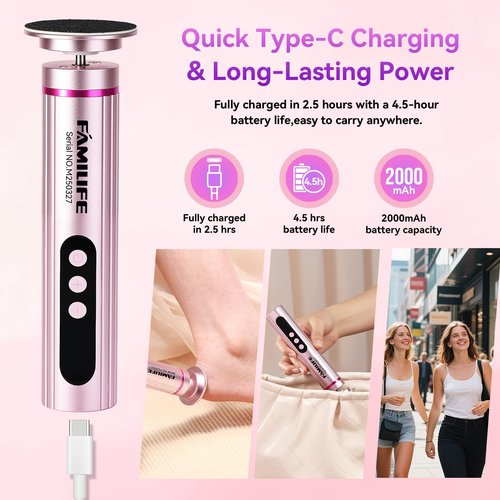 FAMILIFE Electric Foot File Callus Remover – Rechargeable Pedicure Tool with Display Screen, Replaceable Sandpaper Discs, Forward & Reverse Rotation, for Men and Women