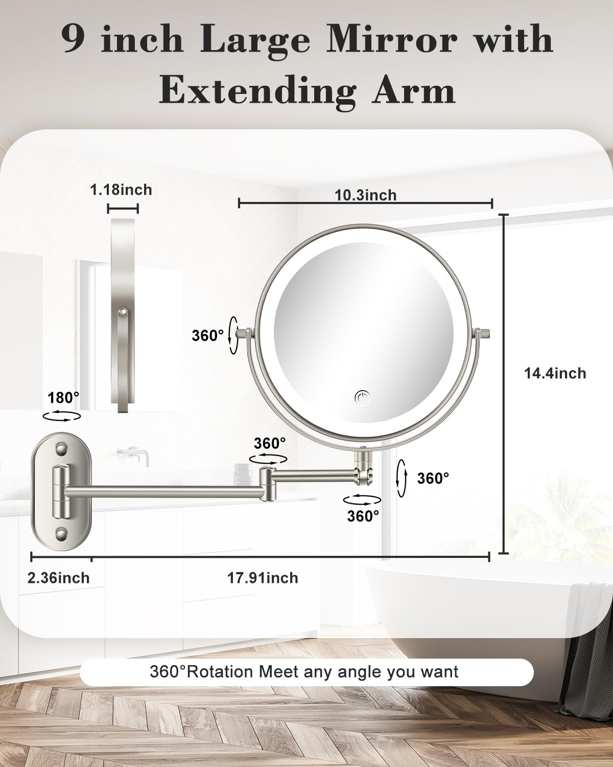 vpu 9" Wall Mounted Makeup Mirror with Light, 20X/1X Height Adjustable Double Sided Magnifying Bathroom Lighted Mirror, 3 Color Touch Dimmable Extended Arm 360 Rotation Light up Magnification Mirrors