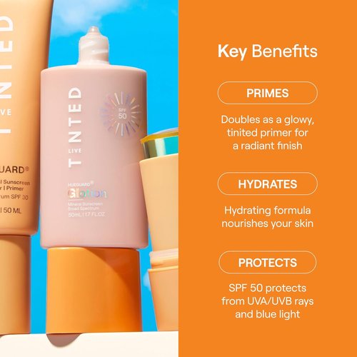 Live Tinted Hueguard Glotion Mineral Tinted Sunscreen SPF 50 - Lightweight, Fragrance-Free & Hydrating - Medium Deep, 0.5 FL Oz