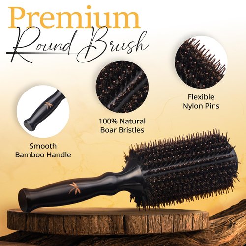 Belula Boar Bristle Round Hair Brush - 2.7” Wooden Barrel for Volume & Body | Free Clips & Travel Bag