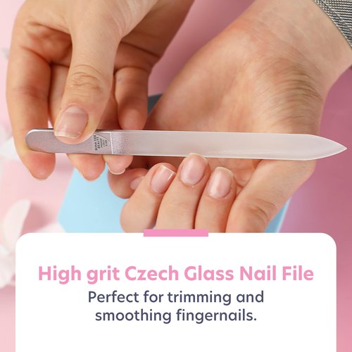 Bona Fide Beauty Handmade Czech Glass Manicure Pedicure Gift Set for Women, 4PC Gift Set in Rose Gold with Glass Foot File, Cuticle Pusher, Mini File and Regular Nail Filer