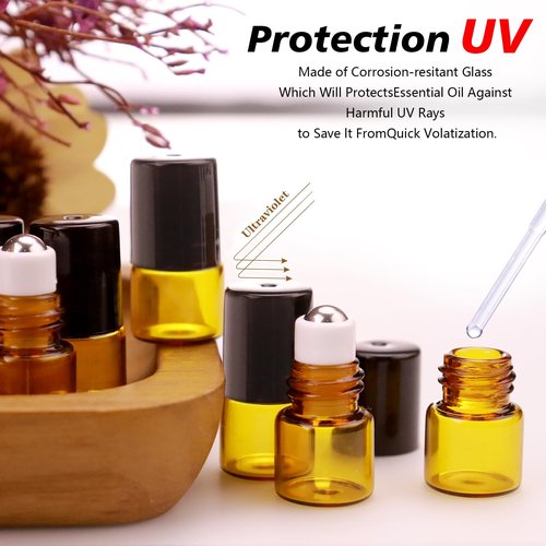Matifaner 60 Pack 2ml Amber Glass Roll on Bottle For Essential Oils,Perfume Vial with Stainless Steel Roller Ball,Black Caps Mini Sample Vials Cosmetics Small Container