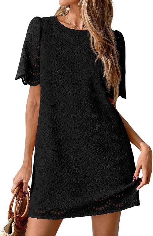 Skiennix Eyelet Dress for Women - Hollow Out Lace Boho Mini Dress | Casual Summer Short Sleeve