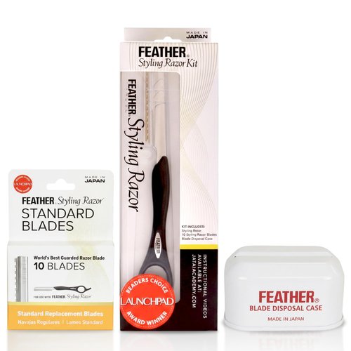 Feather - Standard Styling Razor Kit – Ergonomic 7.25 inch Black Razor Handle, 11 Guarded Replacement Blades & Metal Disposable Case – Japanese Stainless Steel - Made in Japan