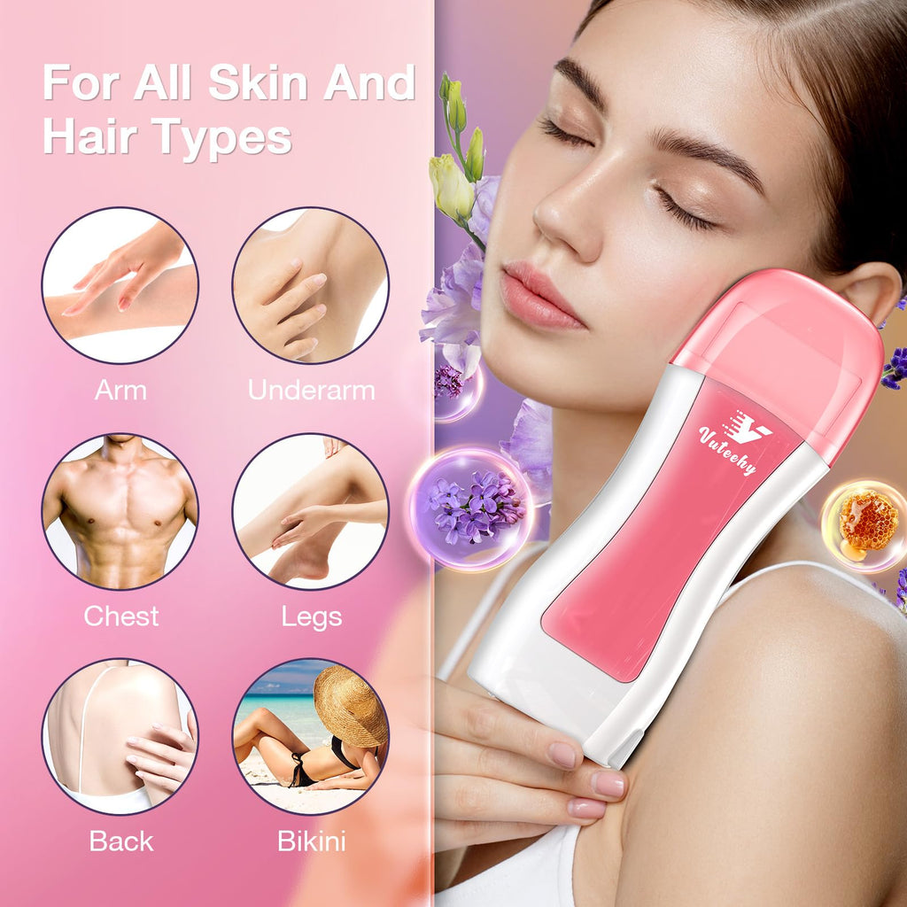Vuteehy Roll on Waxing Kit, Roll on Wax Kit for Hair Removal, Waxing Kit at Home, Wax Roller Kit for All Skin Types Body, Sensitive Skin, Unisex, with 2 Soft Cartridges & 50 Pcs Strips
