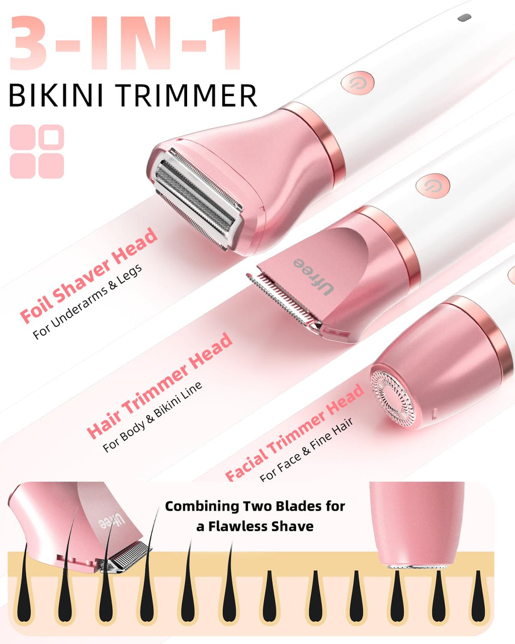 Ufree Electric Shaver - Women's Bikini Trimmer for Face & Body Hair | Wet & Dry Groomer in Gold