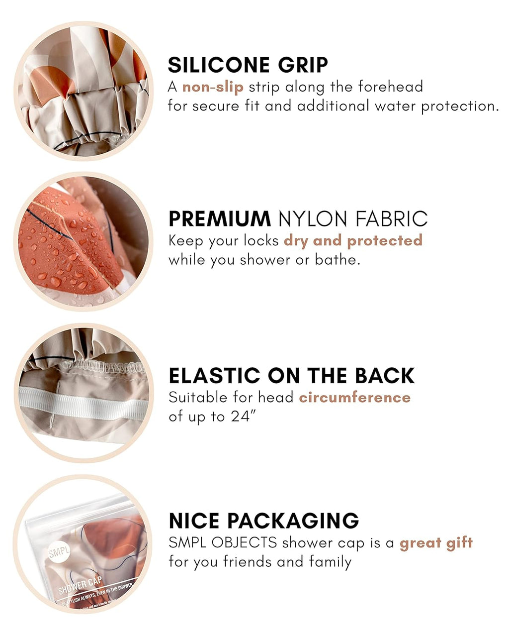 SMPL OBJECTS Luxury Waterproof Shower Cap for Long Hair - Fashionable Reusable Turban in Beige