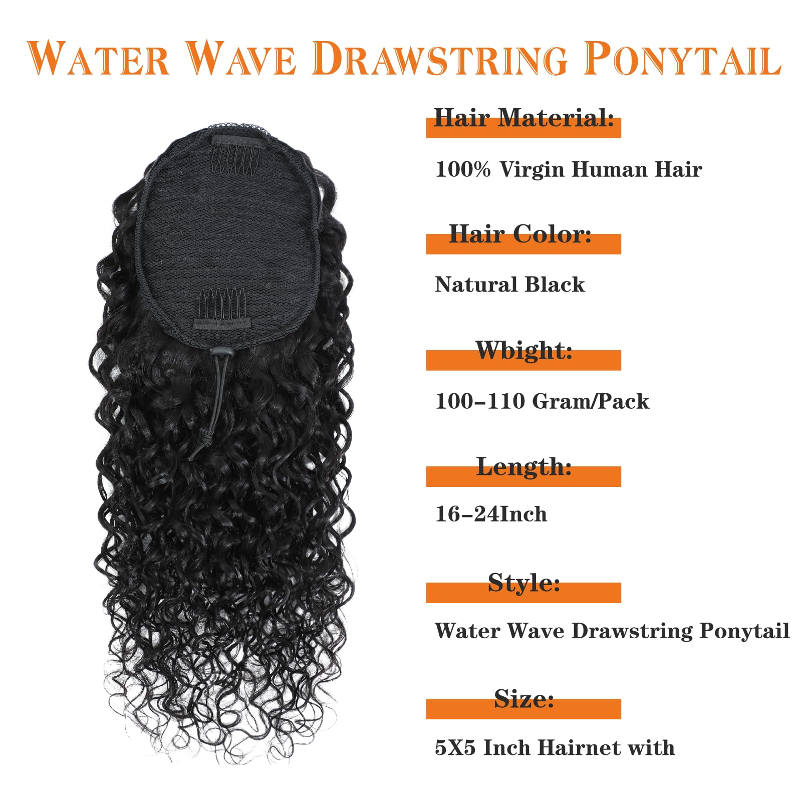 Yacurcur Water Wave Drawstring Ponytail Brazilian Remy Human Hair Ponytail Extensions for Black Women Ponytail Extension Human Hair Pieces Natural Black 16 Inch