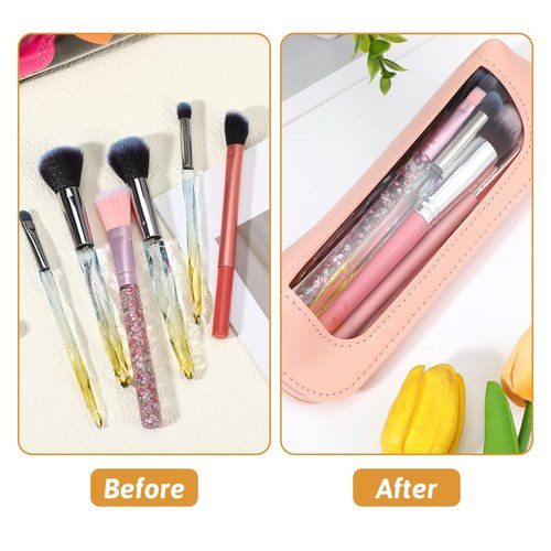 Kifmurase 2Pcs Clear Makeup Brush Bag, Leather Slim Makeup Case, Portable Transparent Waterproof Cosmetic Pouch with Zipper, Double Sided Clear Bag for Women Travel Storage (White, Pink)