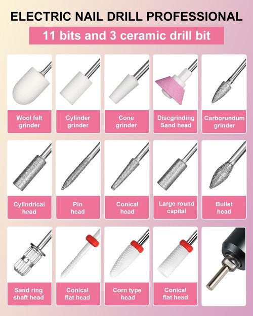 Moskany Professional Electric Nail Drill Kit 35000RPM with 14PCS Bits Pink Portable Rechargeable Cordless File Machine for Acrylic Gel Powder Nails and Manicure Pedicure Toenail Tool Salon Set