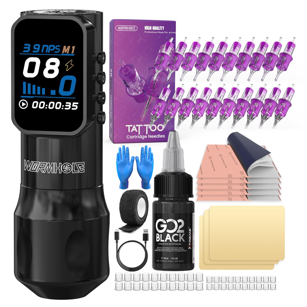 Wormhole Tattoo Kit Wireless Tattoo Gun Xtreme Tattoo Ink 20 PCS Cartridge Needles 1,500mAh Tattoo Power Supply, Smart LED Digital Display Tattoo Pen Complete Tattoo Machine Kit for Artist
