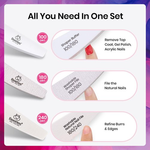 Beetles Pro 3-Pcs Nail File Nail Buffer - Professional 100/180/240 Grit Nails Files and Buffers Double Sided Washable Shaper Files for Acrylic, Gel & Natural Nails – Salon Quality Manicure Tool